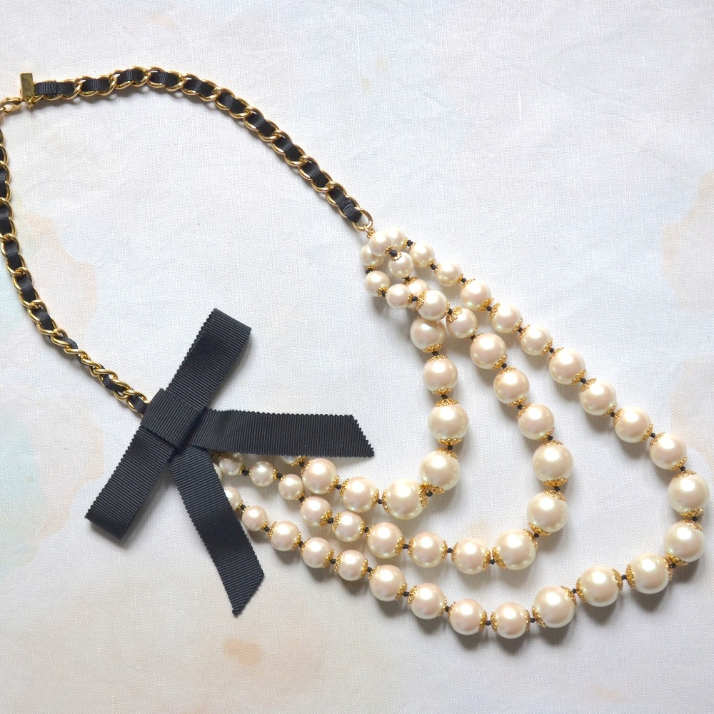 Kate Spade Pearl Grograin Bow Gold Necklace